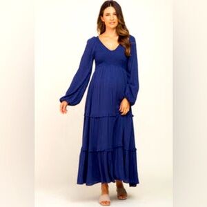 Pinkblush Navy Blue Smocked Tiered Maternity Midi Dress